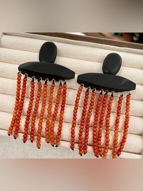 Black Top Orange Beaded Fringe Statement Earrings